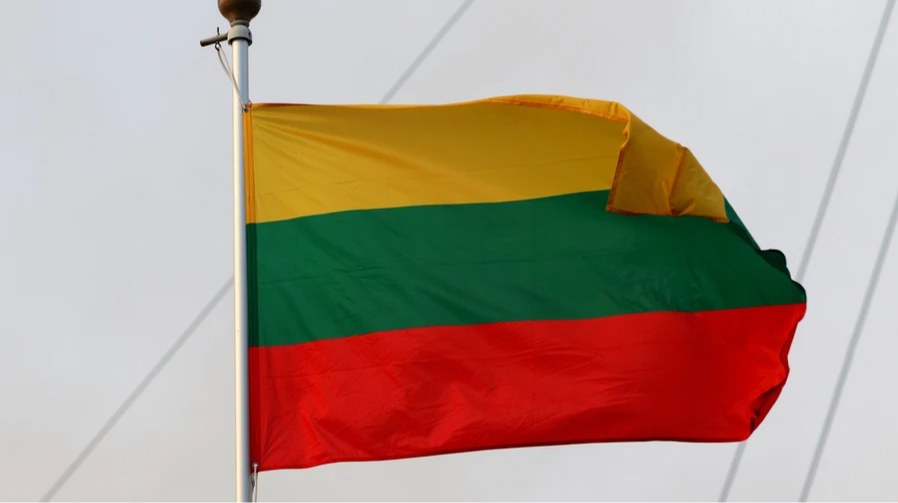 Дейвідас Матульоніс під час брифінгу на тлі прапорів Литви та НАТО
